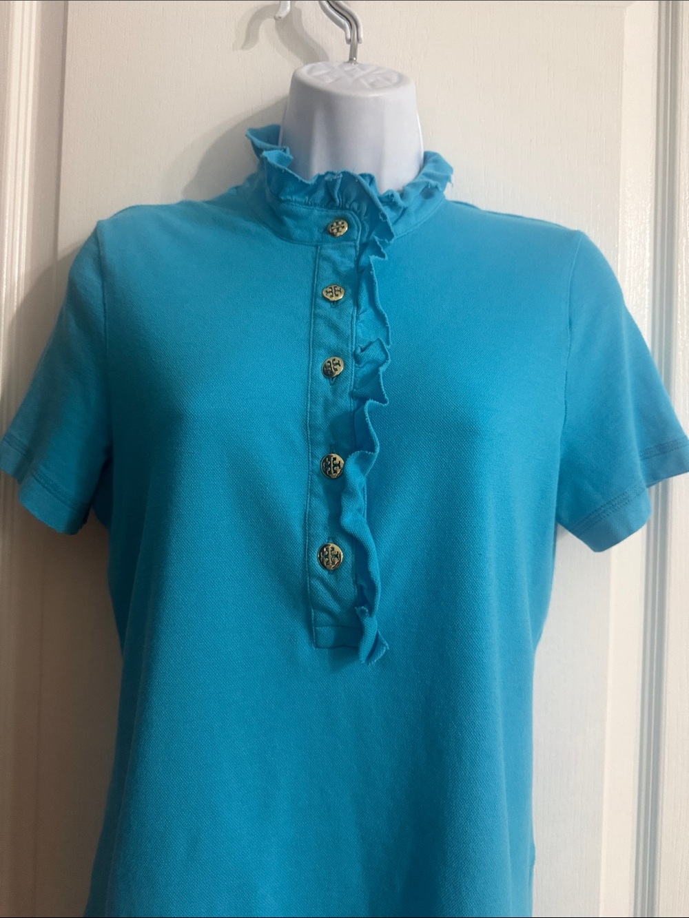 Tory Burch Aqua Ruffle-Placket Short Sleeve Tee - Picture 3 of 7